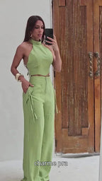 Conjunto Alfaiataria Feminino Cropped Calça Pantalona Longo Bojo