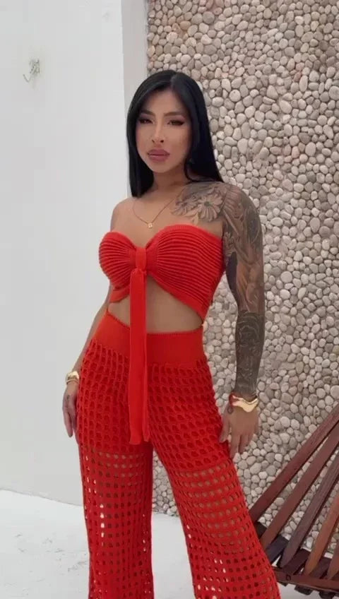 Conjunto Feminino Tricot Calça e Cropped Crochê Moda Tendencia