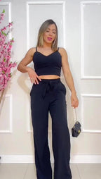 Conjunto Feminino Calça Pantalona e Cropped Com Bojo Alça Regulagem cropped e calça cores outono inverno