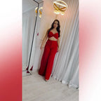 Conjunto Calça Pantalona com Bolso, Cintura Alta e Cropped Alça - Conjunto Dunas