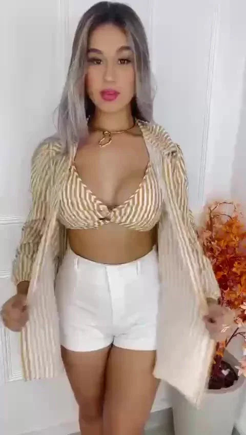 Conjunto Feminino Camisa Social  com Cropped Elegante Blusa manda longa com botoes Listrada Chamisse Tendência 2025e