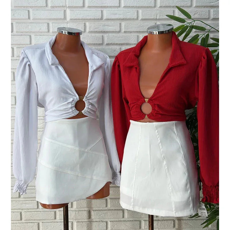 Cropped social feminino Anynha Detalhe Frente de argola manga longa princesa gola social elegante Verão Carnaval