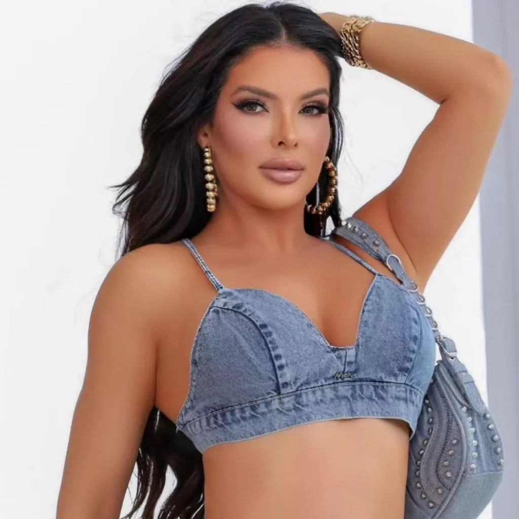 Cropped Top Jeans Marmorizado  Ajustável Viés Alcinha Veste Bem Blogueira