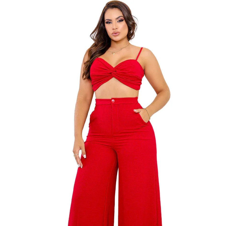 Conjunto Calça Pantalona com Bolso, Cintura Alta e Cropped Alça - Conjunto Dunas