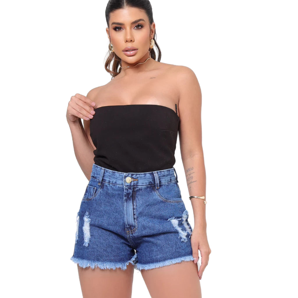 Short Feminino Jeans Cintura Alta 100% Algodão Bermudinha Levanta e Empina Bumbum