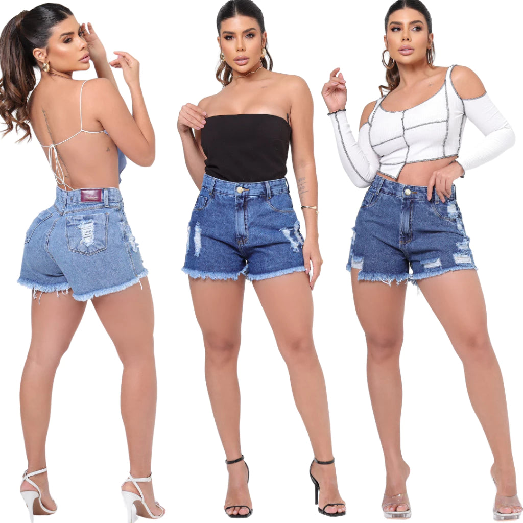 Short Feminino Jeans Cintura Alta 100% Algodão Bermudinha Levanta e Empina Bumbum