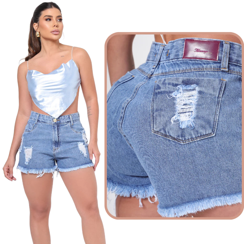 Short Feminino Jeans Cintura Alta 100% Algodão Bermudinha Levanta e Empina Bumbum