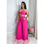 Conjunto Calça Pantalona com Bolso, Cintura Alta e Cropped Alça - Conjunto Dunas