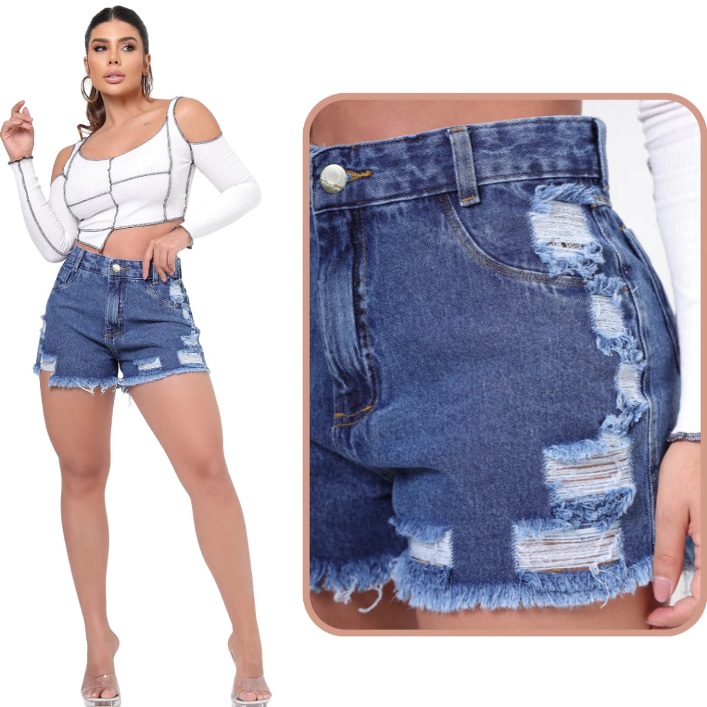 Short Feminino Jeans Cintura Alta 100% Algodão Bermudinha Levanta e Empina Bumbum
