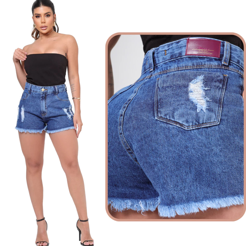 Short Feminino Jeans Cintura Alta 100% Algodão Bermudinha Levanta e Empina Bumbum