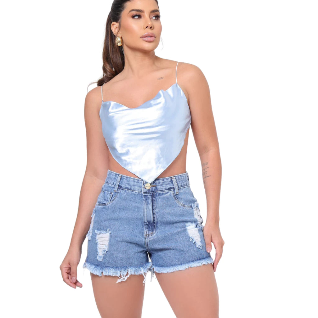 Short Feminino Jeans Cintura Alta 100% Algodão Bermudinha Levanta e Empina Bumbum