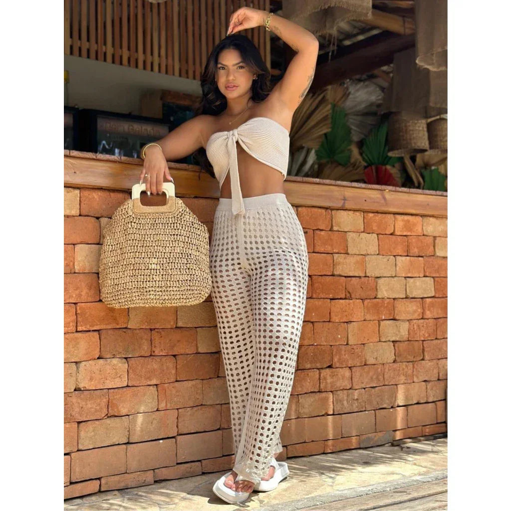 Conjunto Feminino Tricot Calça e Cropped Crochê Moda Tendencia