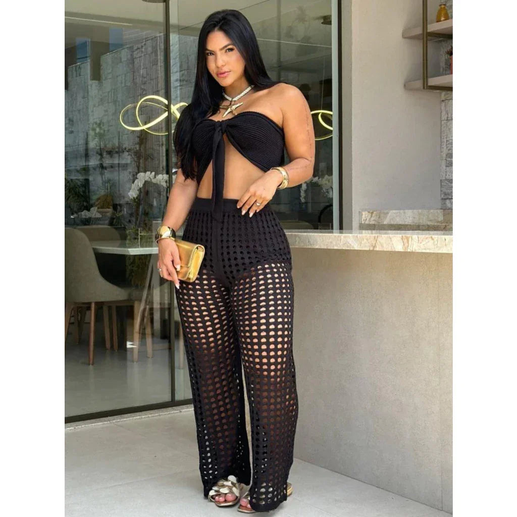 Conjunto Feminino Tricot Calça e Cropped Crochê Moda Tendencia