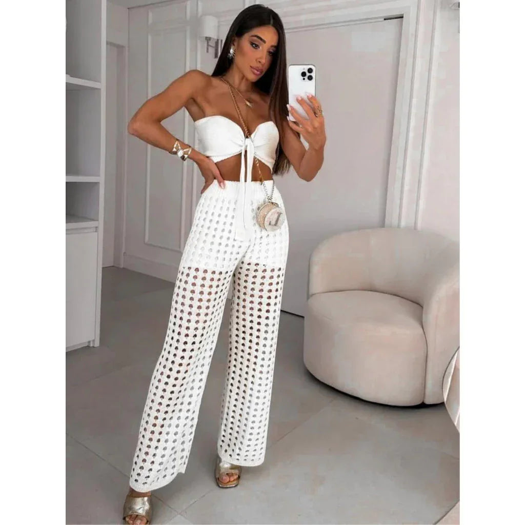 Conjunto Feminino Tricot Calça e Cropped Crochê Moda Tendencia