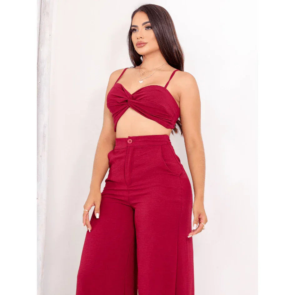 Conjunto Calça Pantalona com Bolso, Cintura Alta e Cropped Alça - Conjunto Dunas
