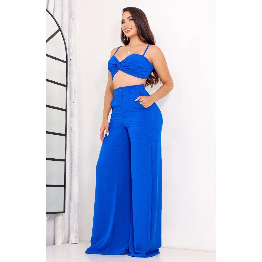 Conjunto Calça Pantalona com Bolso, Cintura Alta e Cropped Alça - Conjunto Dunas