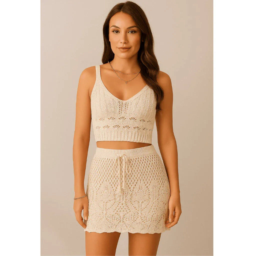 Conjunto Saída de Praia Feminina Tricot Verão 2026 | Saia e Top de Tricô Rendado | Moda Praia Crochê