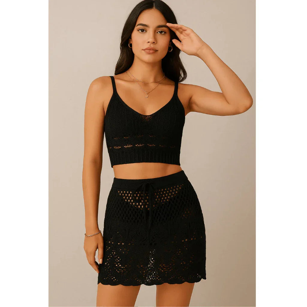 Conjunto Saída de Praia Feminina Tricot Verão 2026 | Saia e Top de Tricô Rendado | Moda Praia Crochê