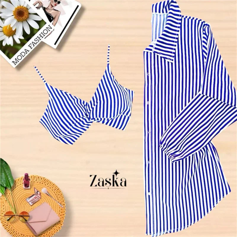 Conjunto Feminino Camisa Social  com Cropped Elegante Blusa manda longa com botoes Listrada Chamisse Tendência 2025e