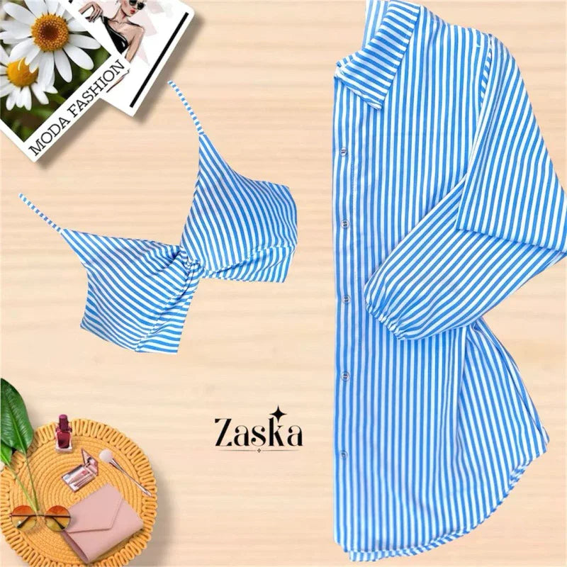 Conjunto Feminino Camisa Social  com Cropped Elegante Blusa manda longa com botoes Listrada Chamisse Tendência 2025e