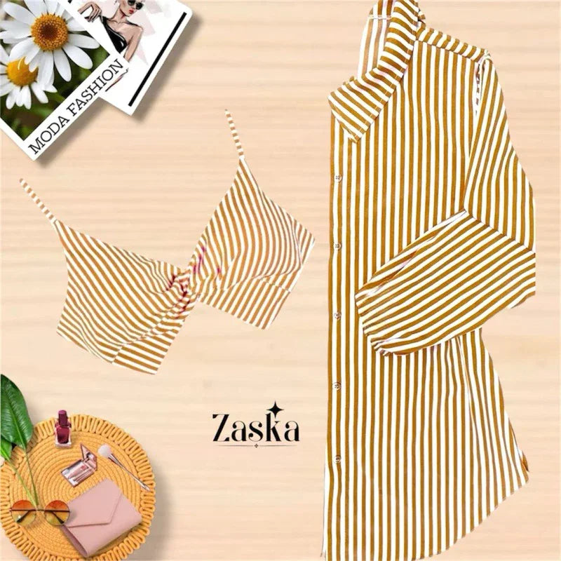 Conjunto Feminino Camisa Social  com Cropped Elegante Blusa manda longa com botoes Listrada Chamisse Tendência 2025e