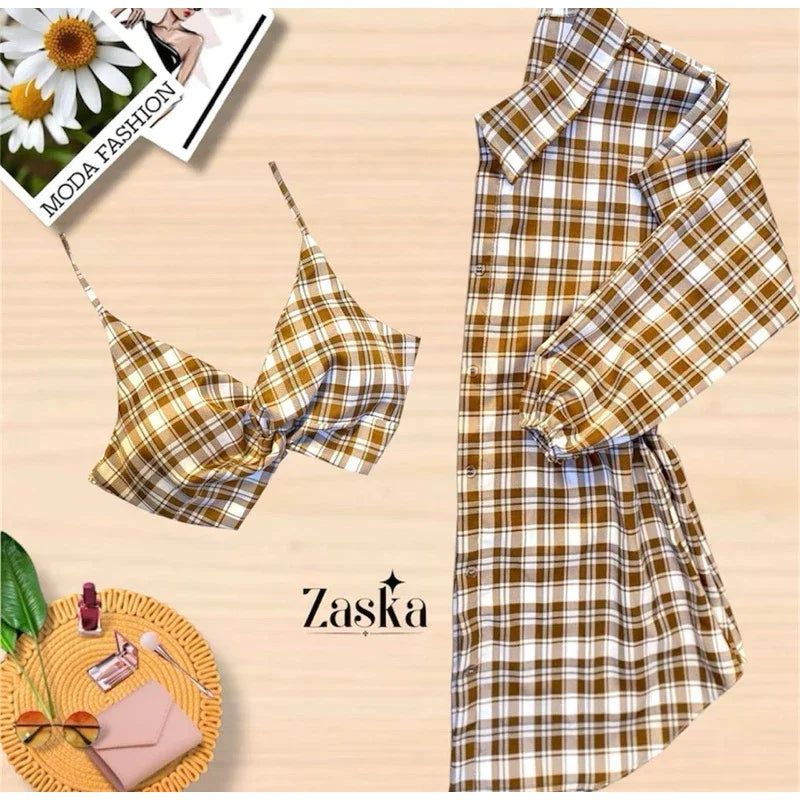 Conjunto Feminino Camisa Social  com Cropped Elegante Blusa manda longa com botoes Listrada Chamisse Tendência 2025e