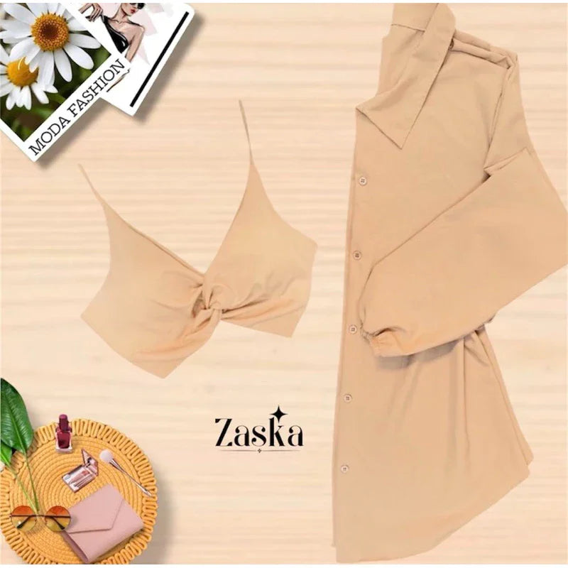 Conjunto Feminino Camisa Social  com Cropped Elegante Blusa manda longa com botoes Listrada Chamisse Tendência 2025e