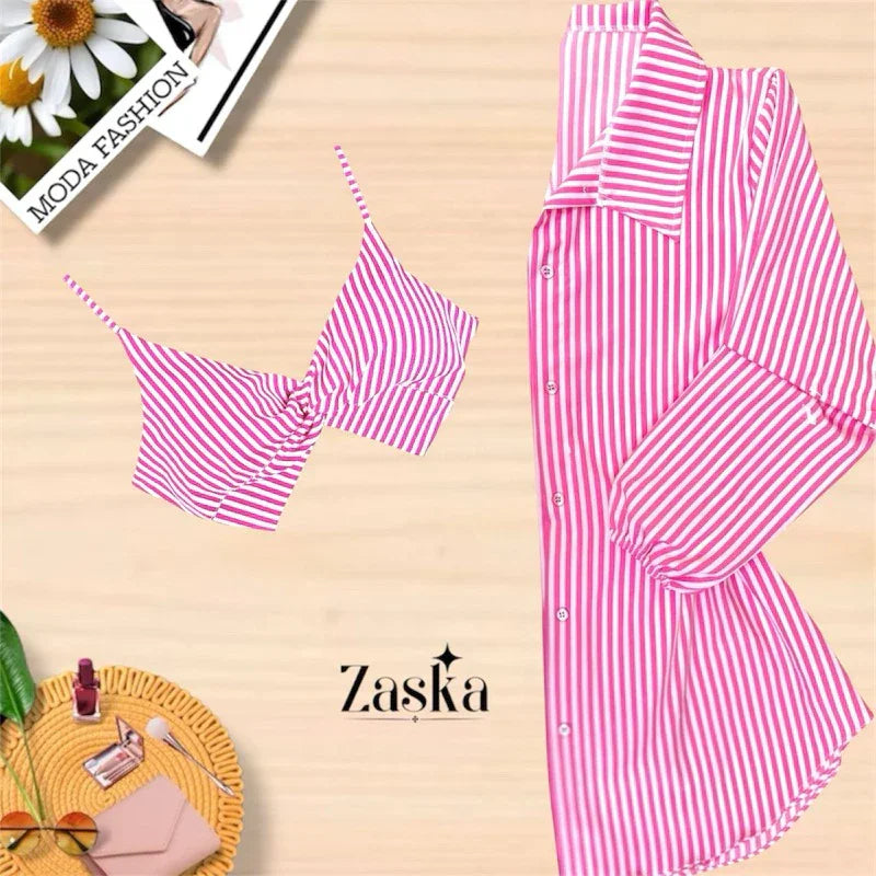 Conjunto Feminino Camisa Social  com Cropped Elegante Blusa manda longa com botoes Listrada Chamisse Tendência 2025e