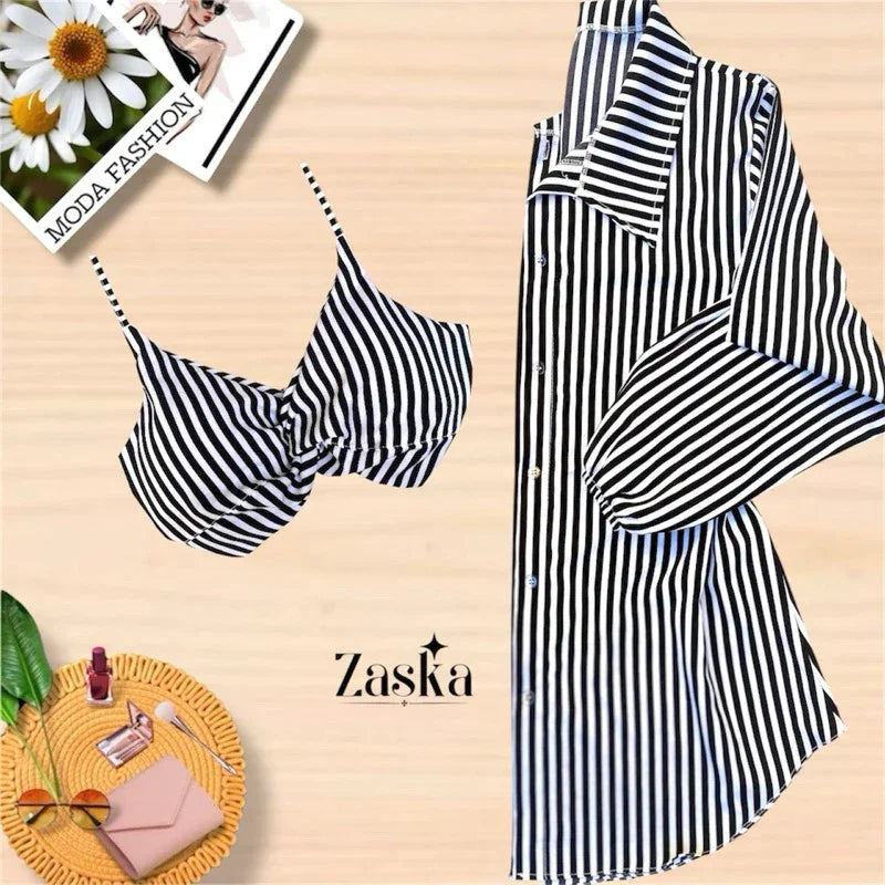 Conjunto Feminino Camisa Social  com Cropped Elegante Blusa manda longa com botoes Listrada Chamisse Tendência 2025e