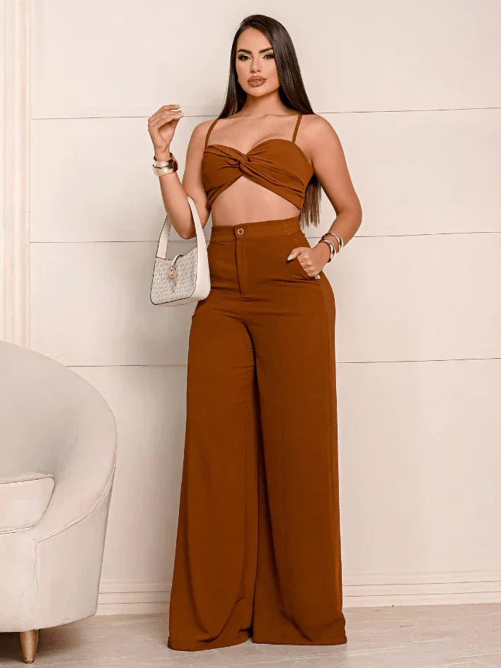 Conjunto Calça Pantalona com Bolso, Cintura Alta e Cropped Alça - Conjunto Dunas