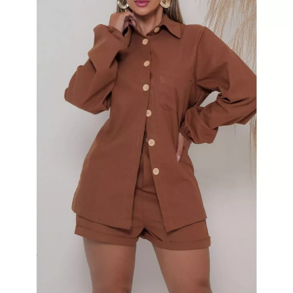Conjunto Linho Feminino Camisa E Short Linha com Bolsos e Botões