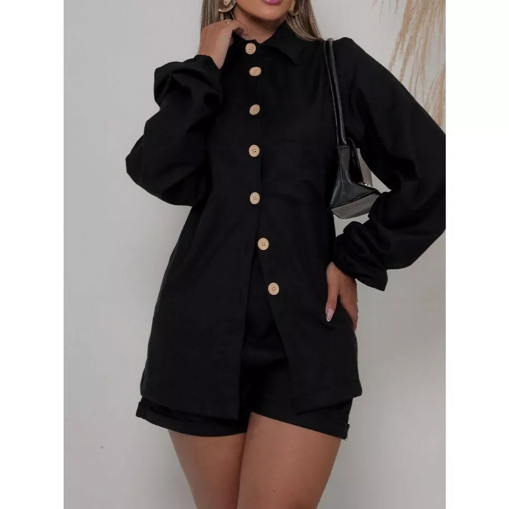 Conjunto Linho Feminino Camisa E Short Linha com Bolsos e Botões