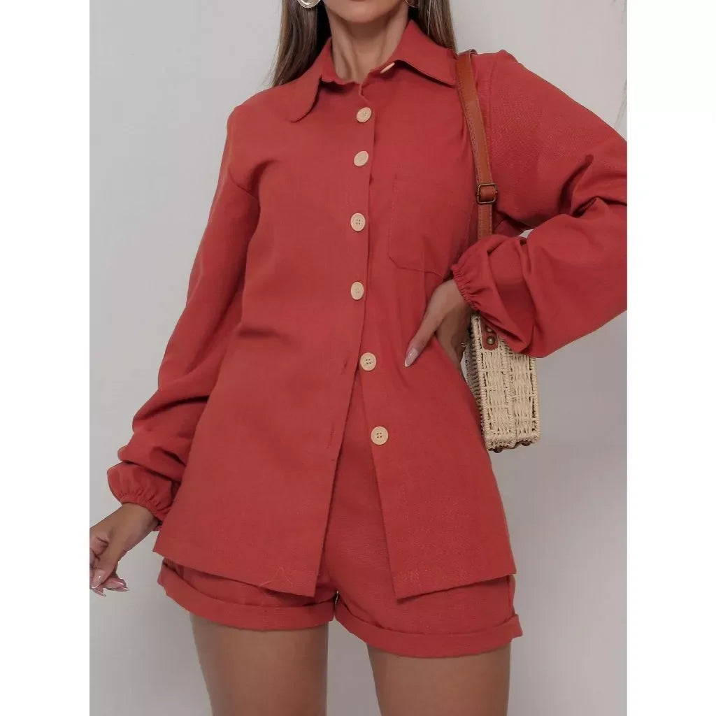 Conjunto Linho Feminino Camisa E Short Linha com Bolsos e Botões