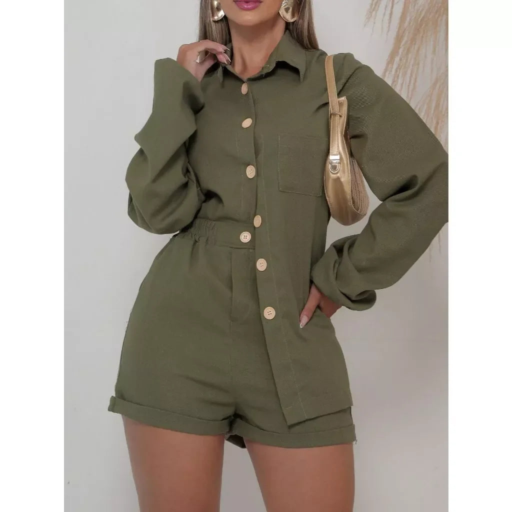 Conjunto Linho Feminino Camisa E Short Linha com Bolsos e Botões