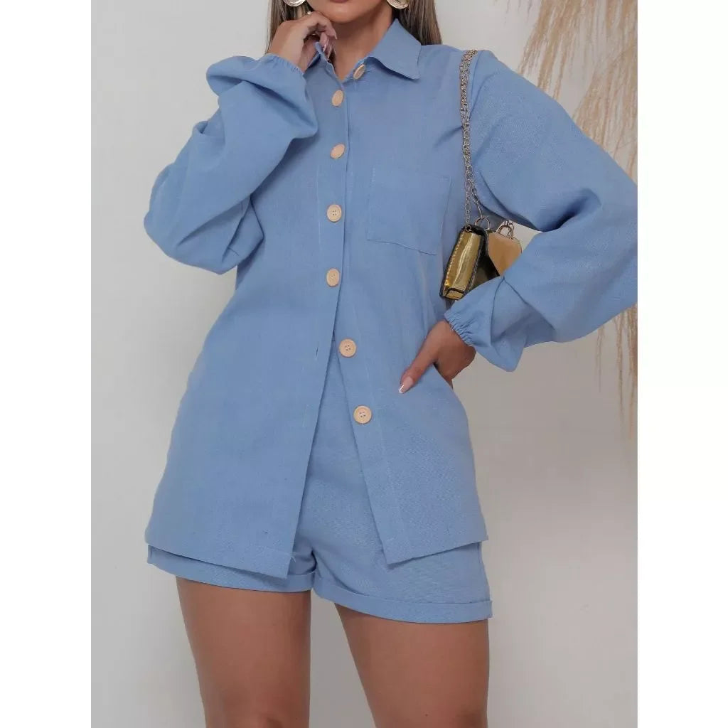 Conjunto Linho Feminino Camisa E Short Linha com Bolsos e Botões