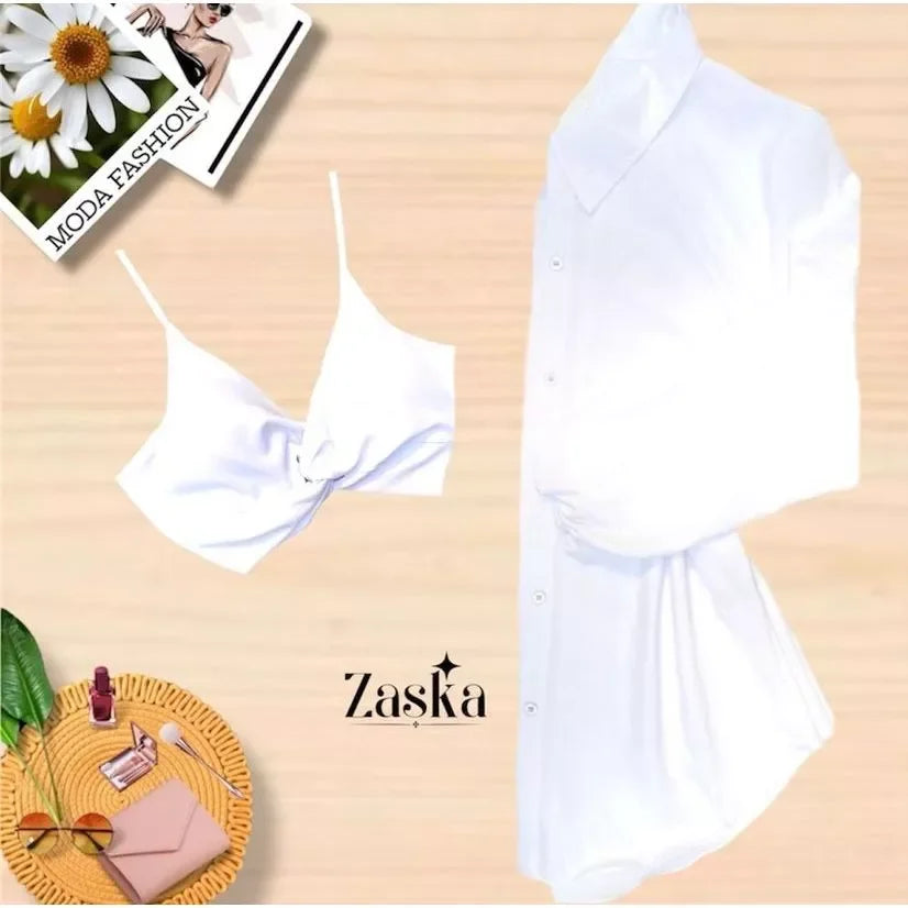 Conjunto Feminino Camisa Social  com Cropped Elegante Blusa manda longa com botoes Listrada Chamisse Tendência 2025e