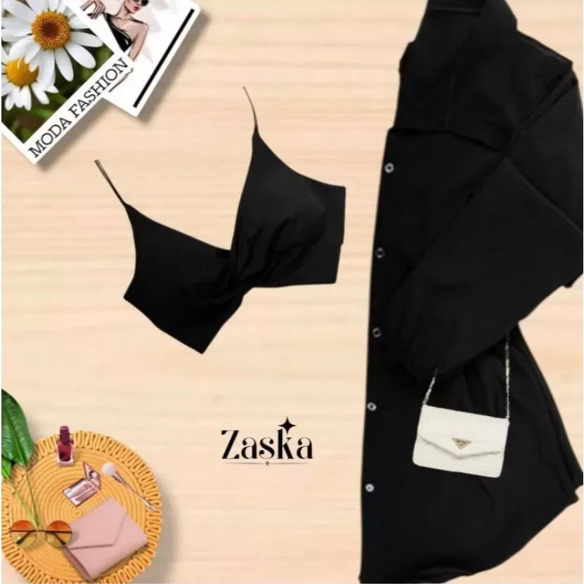 Conjunto Feminino Camisa Social  com Cropped Elegante Blusa manda longa com botoes Listrada Chamisse Tendência 2025e