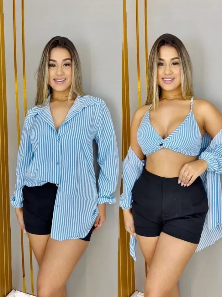 Conjunto Feminino Camisa Social  com Cropped Elegante Blusa manda longa com botoes Listrada Chamisse Tendência 2025e