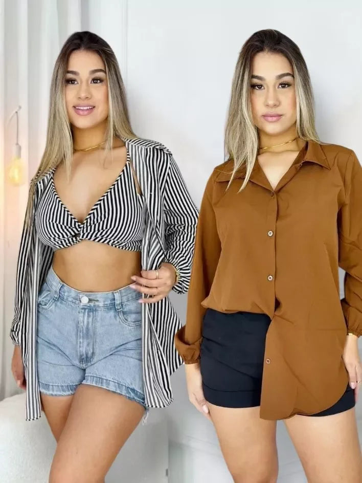 Conjunto Feminino Camisa Social  com Cropped Elegante Blusa manda longa com botoes Listrada Chamisse Tendência 2025e