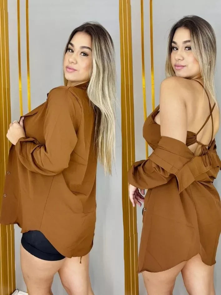 Conjunto Feminino Camisa Social  com Cropped Elegante Blusa manda longa com botoes Listrada Chamisse Tendência 2025e