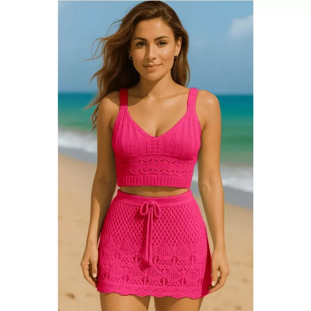 Conjunto Saída de Praia Feminina Tricot Verão 2026 | Saia e Top de Tricô Rendado | Moda Praia Crochê