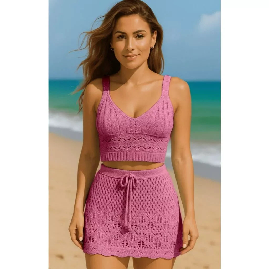 Conjunto Saída de Praia Feminina Tricot Verão 2026 | Saia e Top de Tricô Rendado | Moda Praia Crochê