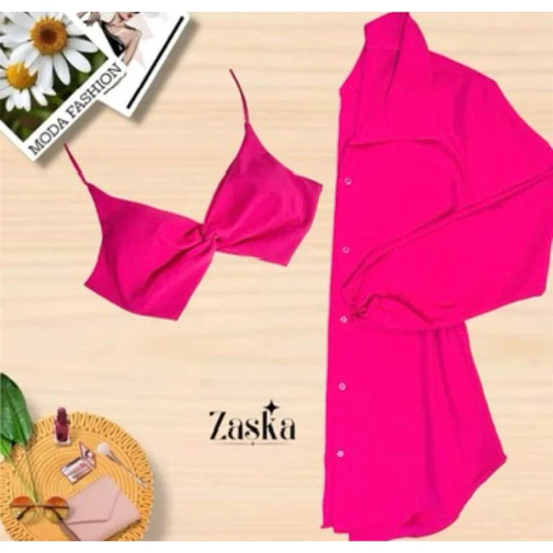 Conjunto Feminino Camisa Social  com Cropped Elegante Blusa manda longa com botoes Listrada Chamisse Tendência 2025e