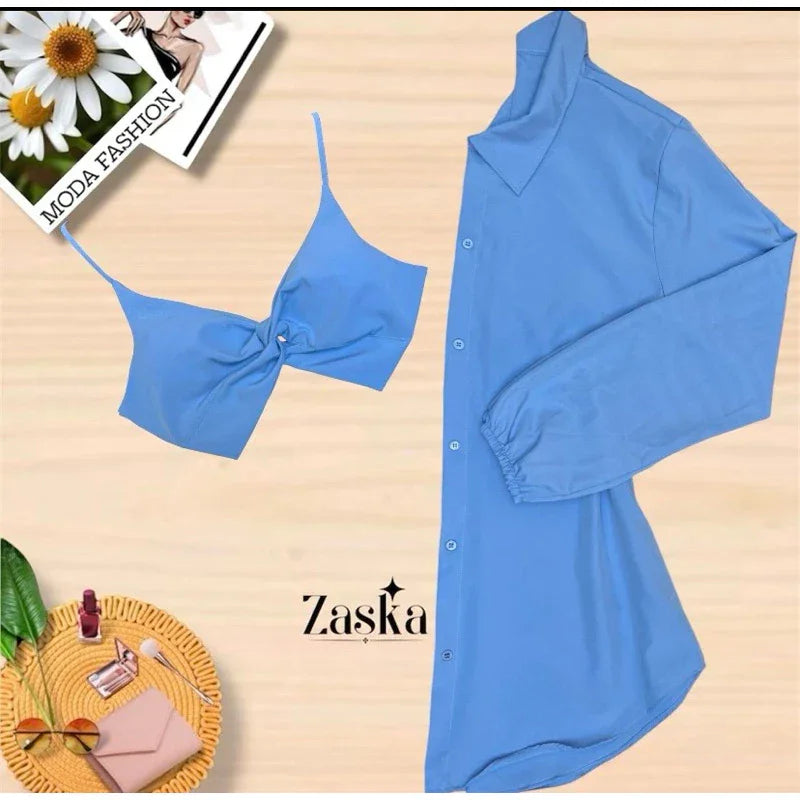 Conjunto Feminino Camisa Social  com Cropped Elegante Blusa manda longa com botoes Listrada Chamisse Tendência 2025e