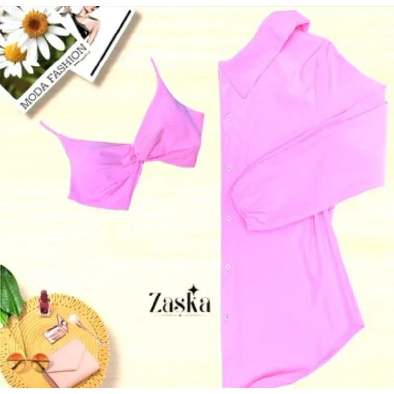 Conjunto Feminino Camisa Social  com Cropped Elegante Blusa manda longa com botoes Listrada Chamisse Tendência 2025e