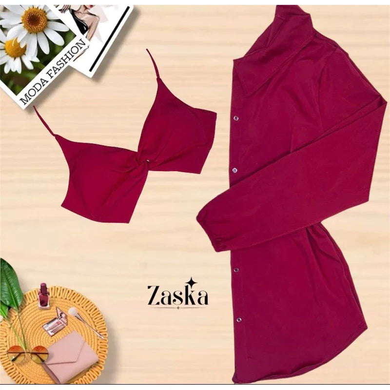 Conjunto Feminino Camisa Social  com Cropped Elegante Blusa manda longa com botoes Listrada Chamisse Tendência 2025e