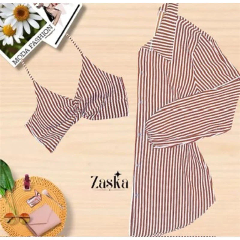 Conjunto Feminino Camisa Social  com Cropped Elegante Blusa manda longa com botoes Listrada Chamisse Tendência 2025e