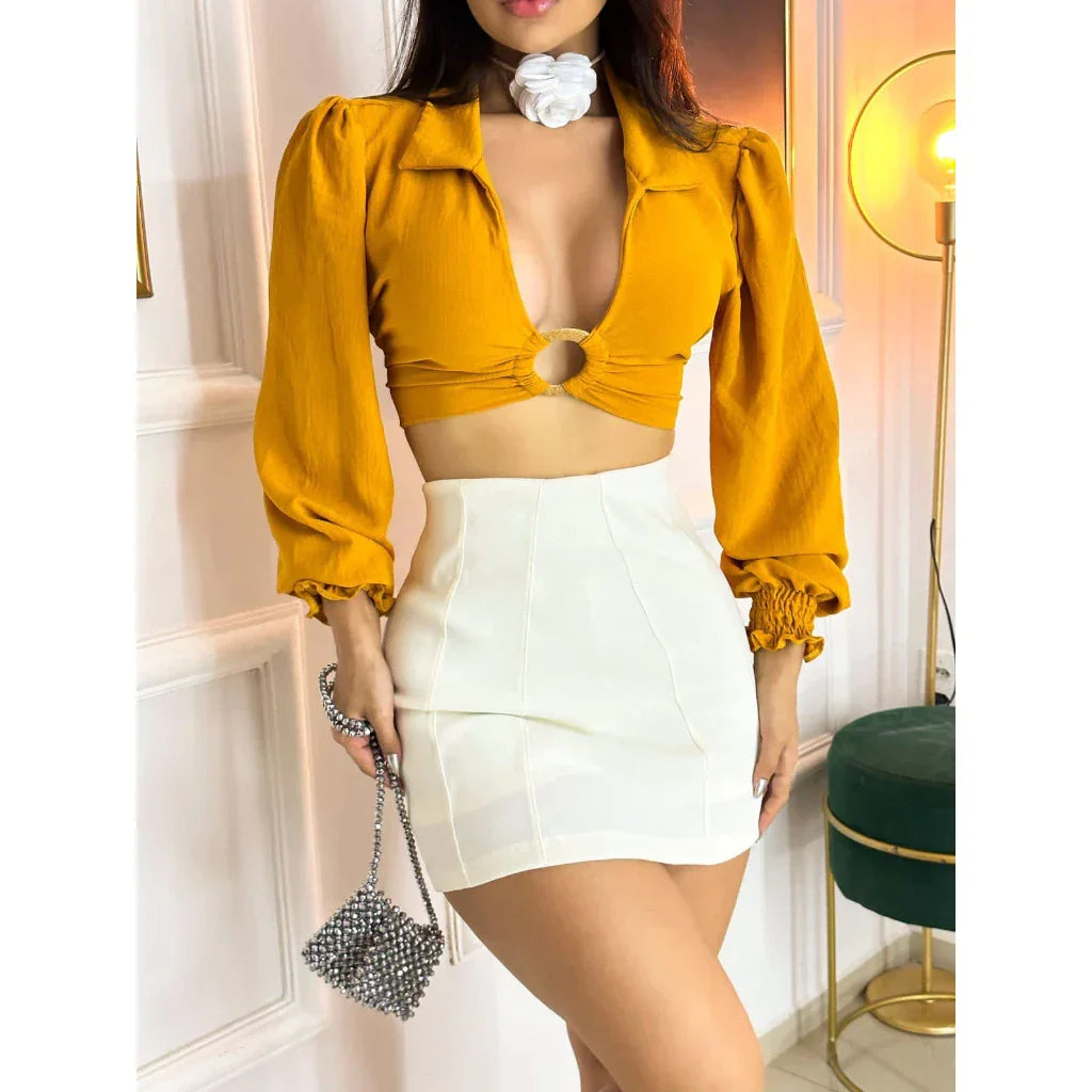 Cropped social feminino Anynha Detalhe Frente de argola manga longa princesa gola social elegante Verão Carnaval