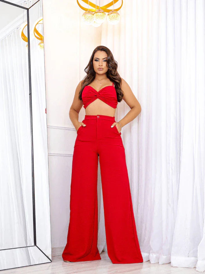 Conjunto Calça Pantalona com Bolso, Cintura Alta e Cropped Alça - Conjunto Dunas