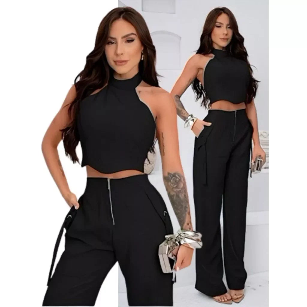 Conjunto Alfaiataria Feminino Cropped Calça Pantalona Longo Bojo